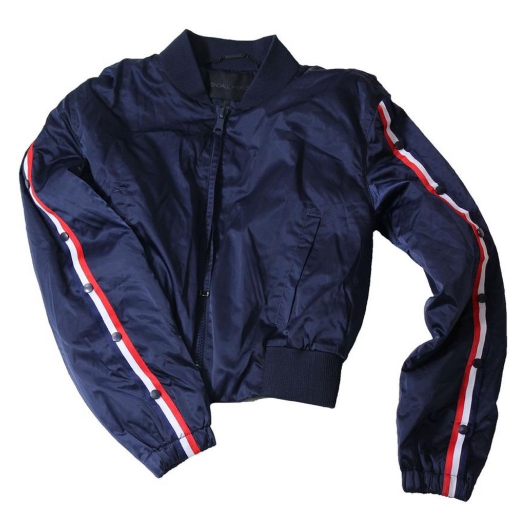 NWT Kendall & Kylie Striped Bomber Jacket in Navy - Picture 2 of 8